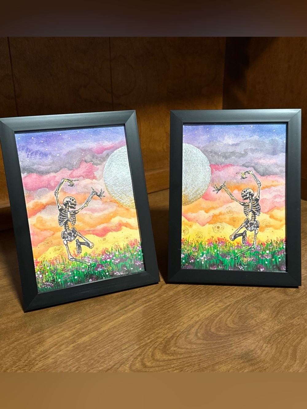 Original art watercolor dancing skeleton mixed media sunset full moon